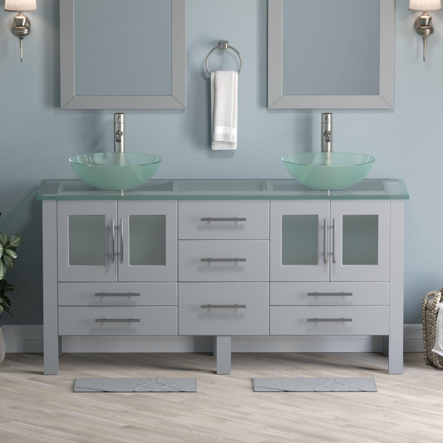 Cambridge Plumbing 63" Gray Wood Double Vanity Set With Tempered Glass Countertop And Circular Vessel Sink With Brushed Nickel Plumbing Finish