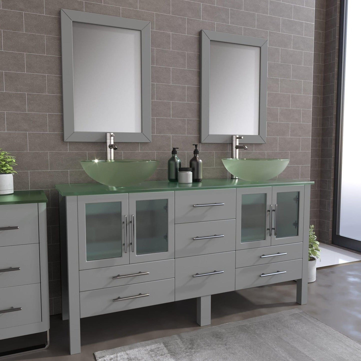 Cambridge Plumbing 63" Gray Wood Double Vanity Set With Tempered Glass Countertop And Circular Vessel Sink With Brushed Nickel Plumbing Finish