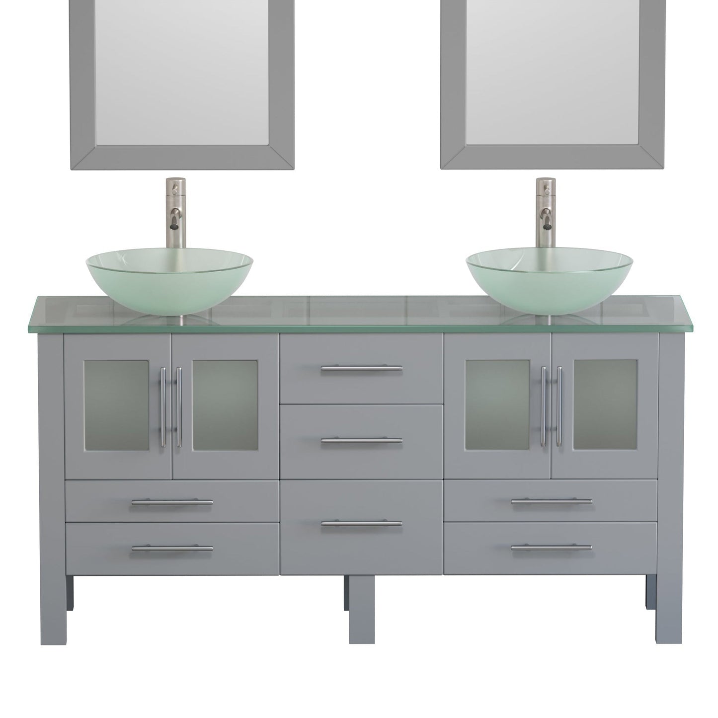 Cambridge Plumbing 63" Gray Wood Double Vanity Set With Tempered Glass Countertop And Circular Vessel Sink With Brushed Nickel Plumbing Finish