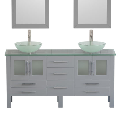 Cambridge Plumbing 63" Gray Wood Double Vanity Set With Tempered Glass Countertop And Circular Vessel Sink With Brushed Nickel Plumbing Finish