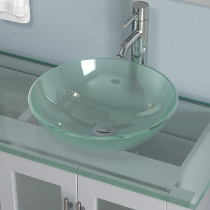 Cambridge Plumbing 63" Gray Wood Double Vanity Set With Tempered Glass Countertop And Circular Vessel Sink With Polished Chrome Plumbing Finish