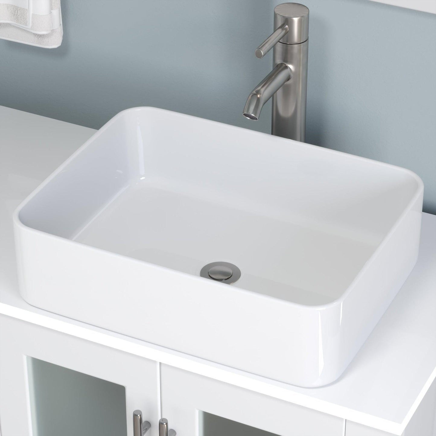 Cambridge Plumbing 63" White Wood Double Vanity Set With Porcelain Countertop And Rectangular Vessel Sink With Brushed Nickel Plumbing Finish