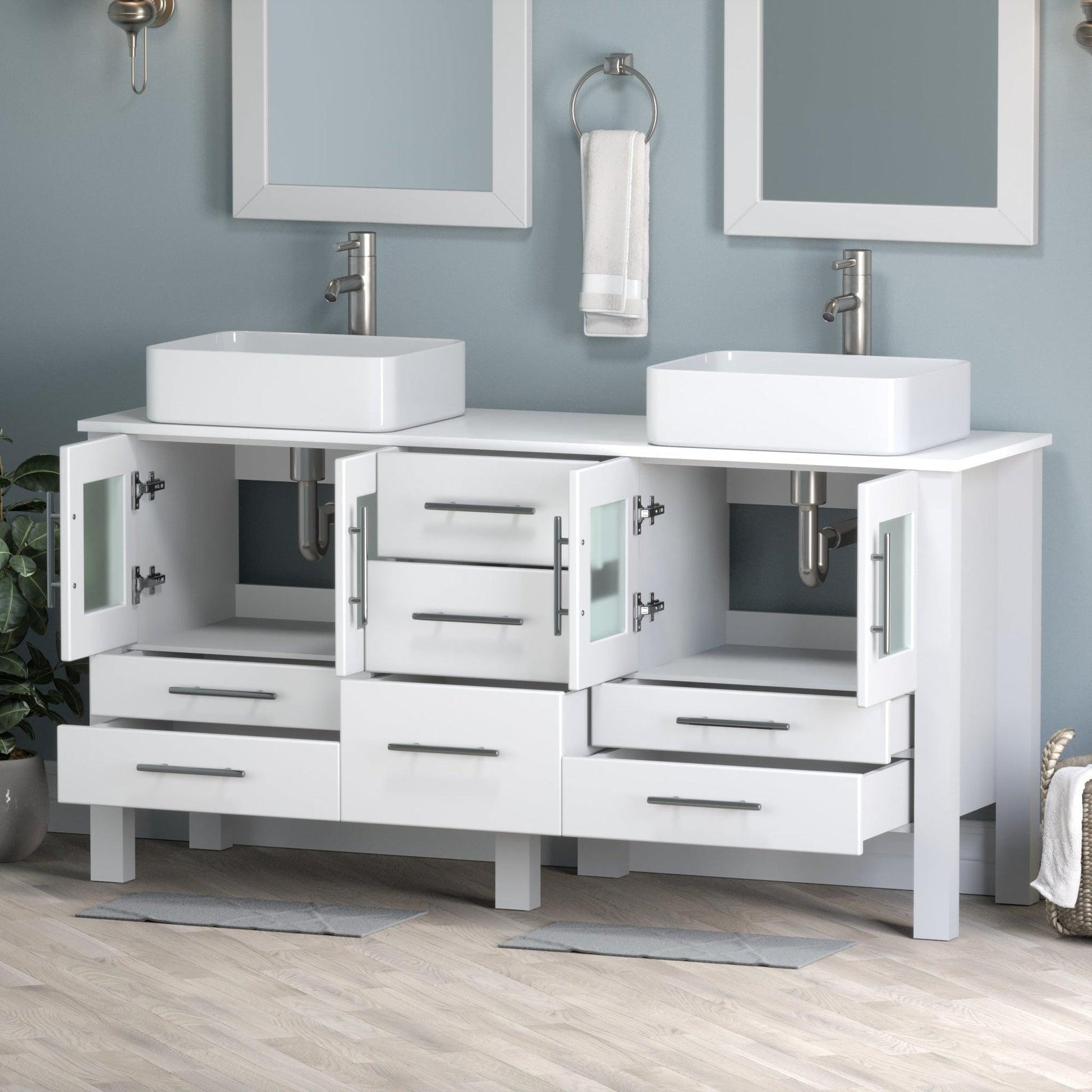 Cambridge Plumbing 63" White Wood Double Vanity Set With Porcelain Countertop And Rectangular Vessel Sink With Brushed Nickel Plumbing Finish