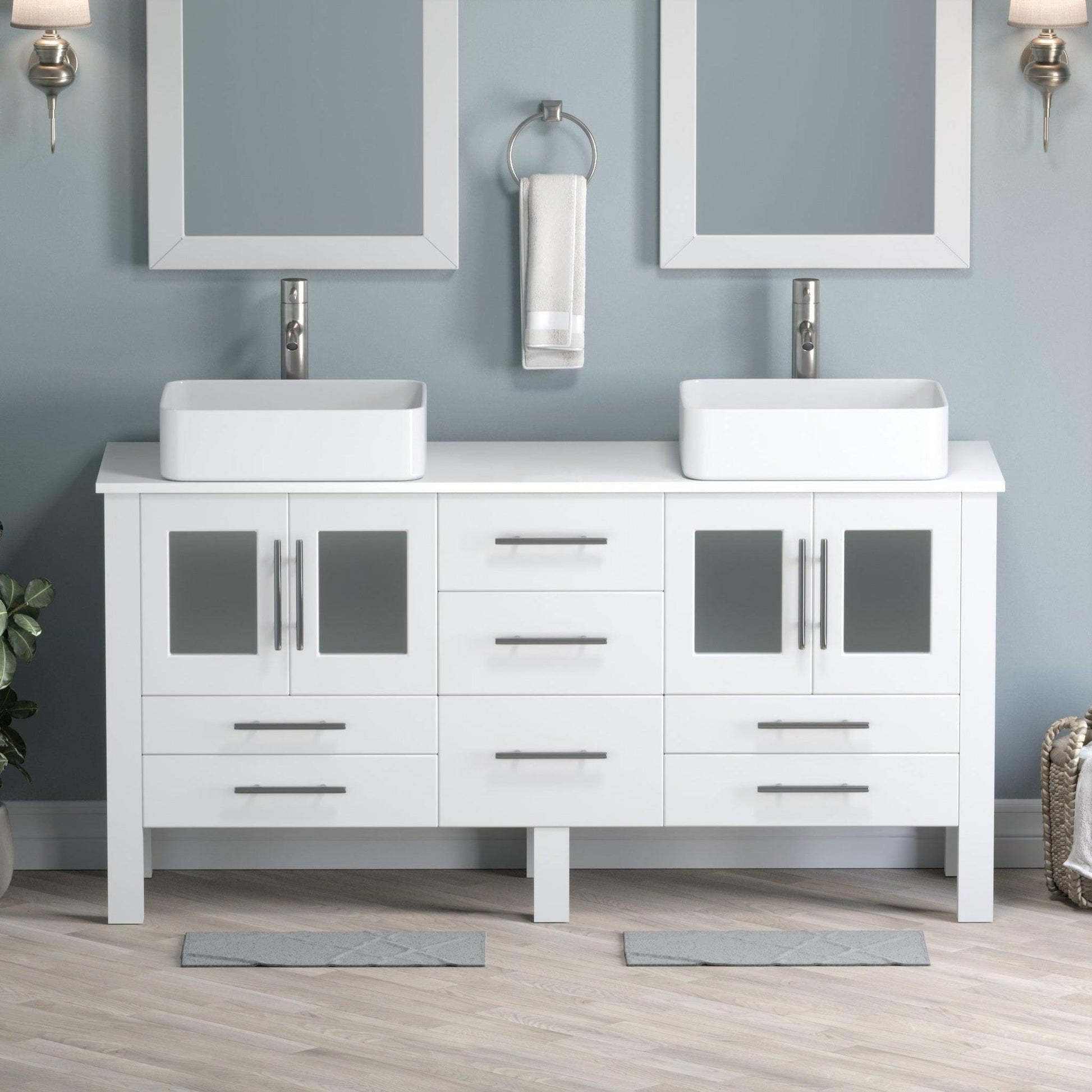 Cambridge Plumbing 63" White Wood Double Vanity Set With Porcelain Countertop And Rectangular Vessel Sink With Brushed Nickel Plumbing Finish