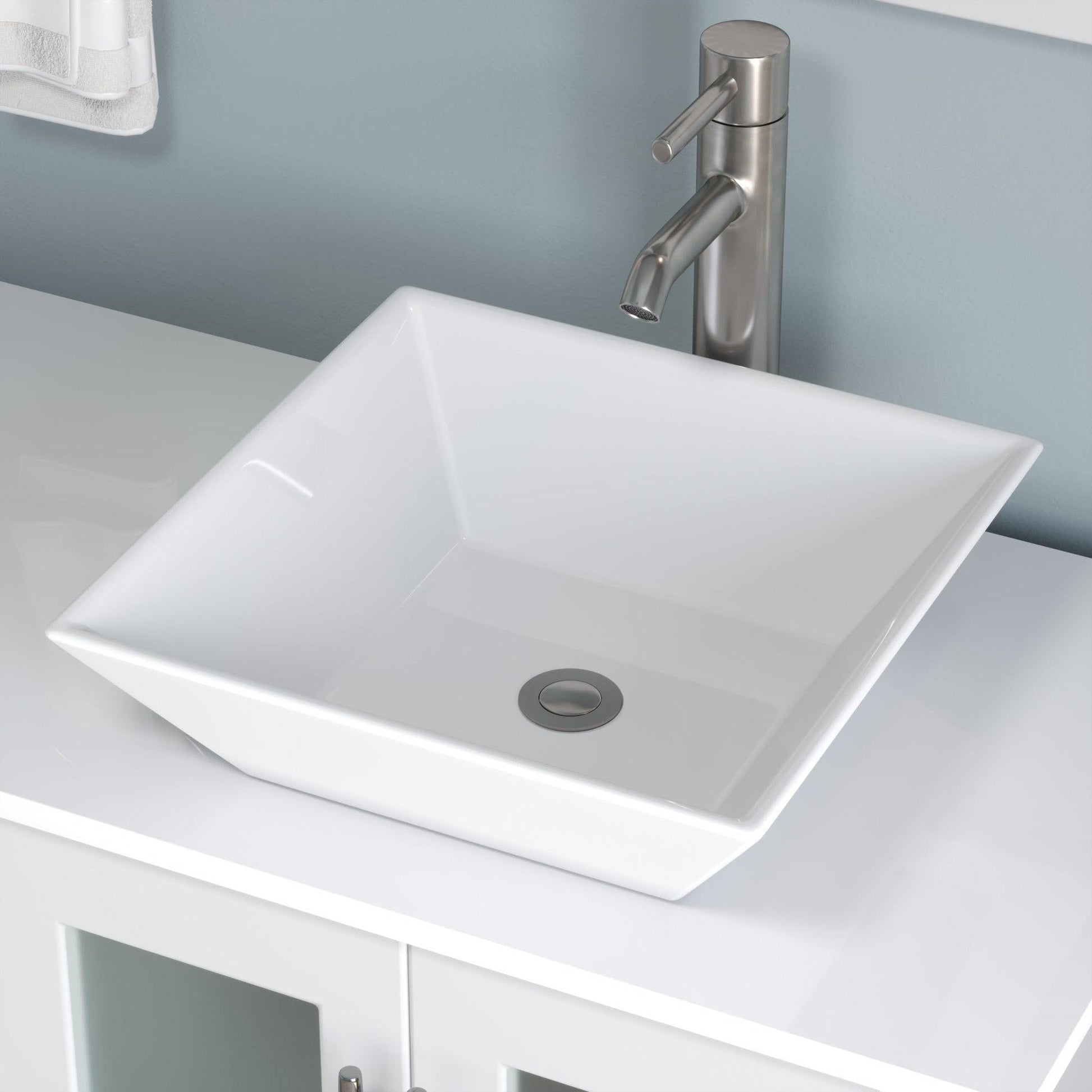 Cambridge Plumbing 63" White Wood Double Vanity Set With Porcelain Countertop And Square Vessel Sink With Brushed Nickel Plumbing Finish