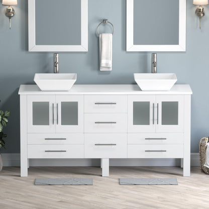 Cambridge Plumbing 63" White Wood Double Vanity Set With Porcelain Countertop And Square Vessel Sink With Brushed Nickel Plumbing Finish