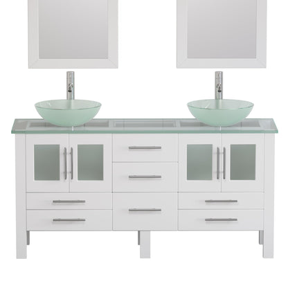 Cambridge Plumbing 63" White Wood Double Vanity Set With Tempered Glass Countertop And Circular Vessel Sink With Polished Chrome Plumbing Finish