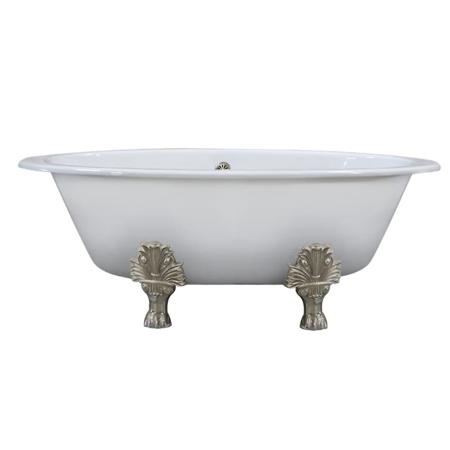 Cambridge Plumbing 66" White Cast Iron Double Ended Clawfoot Bathtub With No Faucet Holes With Brushed Nickel Feet
