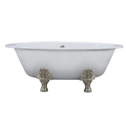 Cambridge Plumbing 66" White Cast Iron Double Ended Clawfoot Bathtub With No Faucet Holes With Brushed Nickel Feet