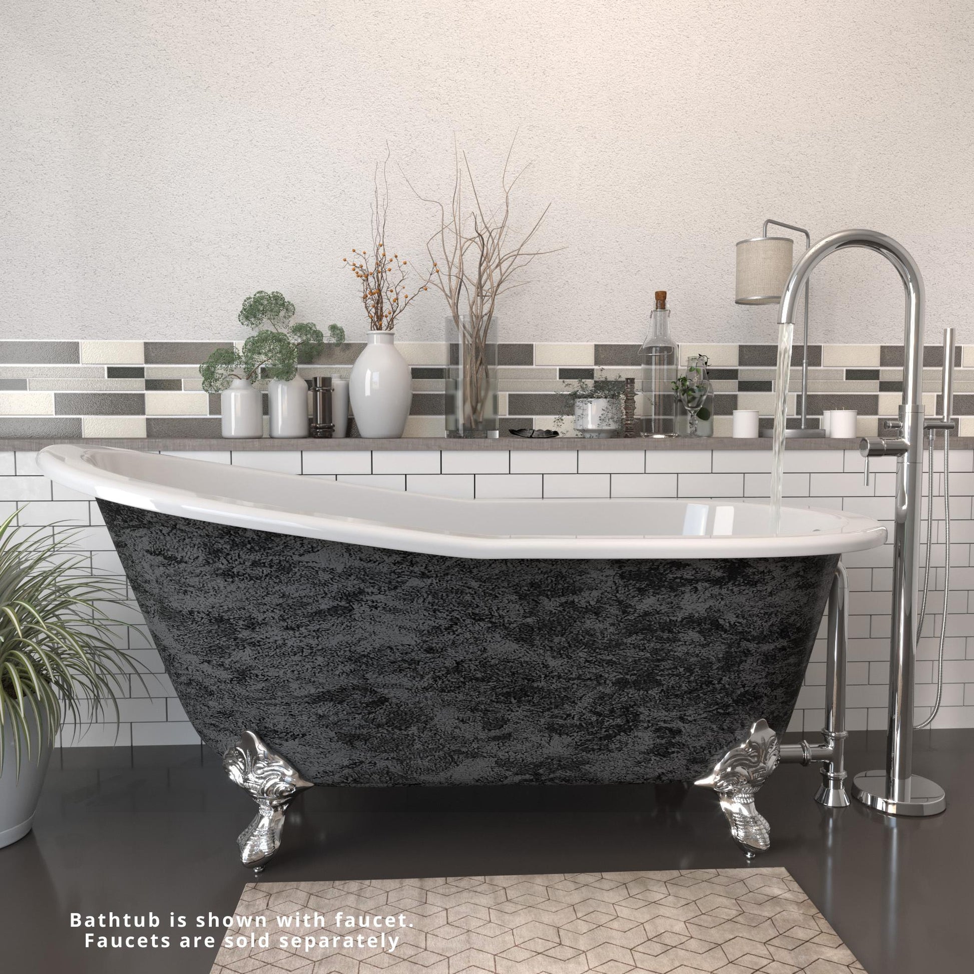 Cambridge Plumbing 67" Cast Iron Single Slipper Scorched Platinum Clawfoot Bathtub With No Deck Holes With Polished Chrome Feet