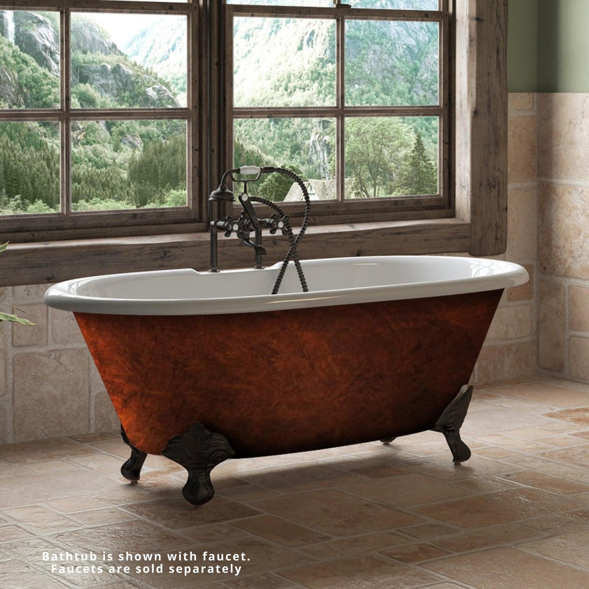 Cambridge Plumbing 67" Hand Painted Copper Bronze Cast Iron Double Ended Bathtub With Deck Holes With Oil Rubbed Bronze Feet