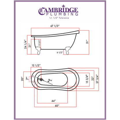 Cambridge Plumbing 67" Hand Painted Scorched Platinum Single Slipper Clawfoot Acrylic Bathtub With Deck Holes With Brushed Nickel Clawfeet