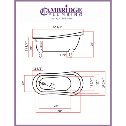 Cambridge Plumbing 67" Hand Painted Scorched Platinum Single Slipper Clawfoot Acrylic Bathtub With No Faucet Holes With Brushed Nickel Feet