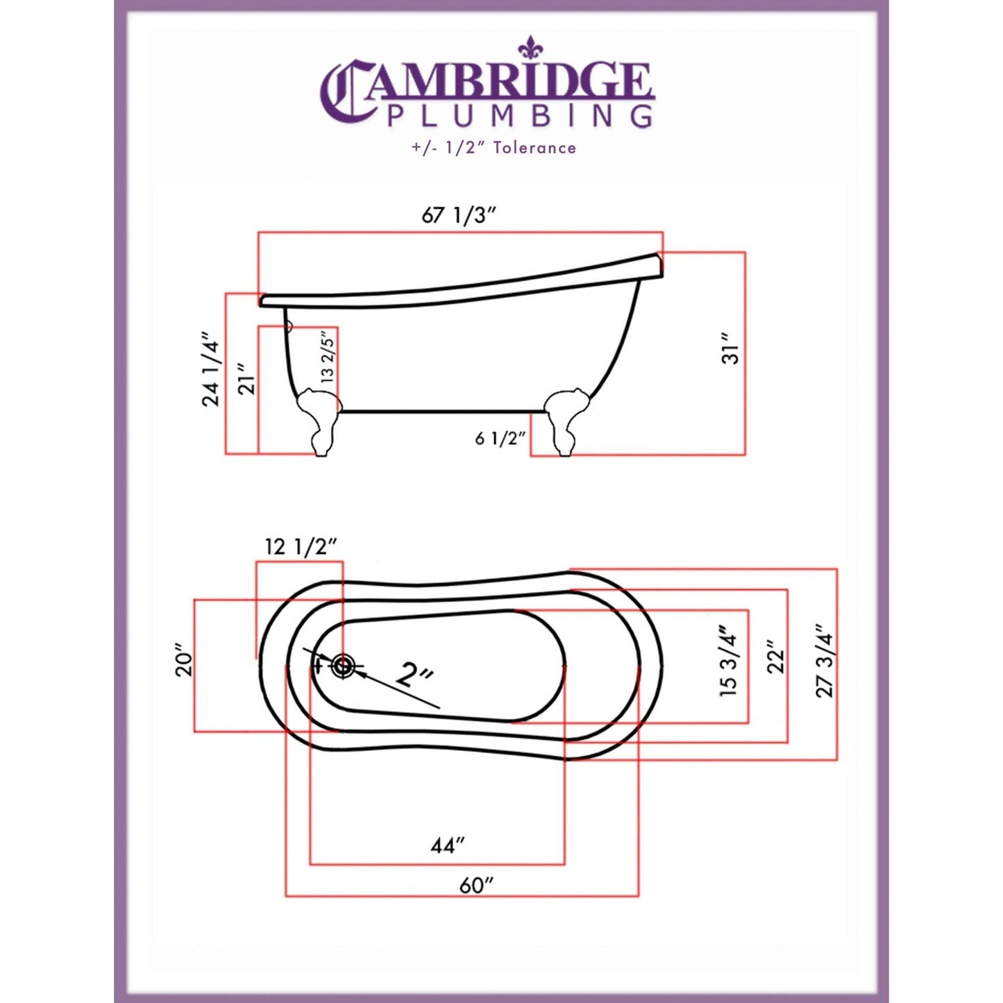 Cambridge Plumbing 67" Hand Painted Scorched Platinum Single Slipper Clawfoot Acrylic Bathtub With No Faucet Holes With Polished Chrome Feet