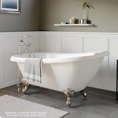 Cambridge Plumbing 67" White Acrylic Single Slipper Clawfoot Bathtub With Deck Holes With Brushed Nickel Clawfeet