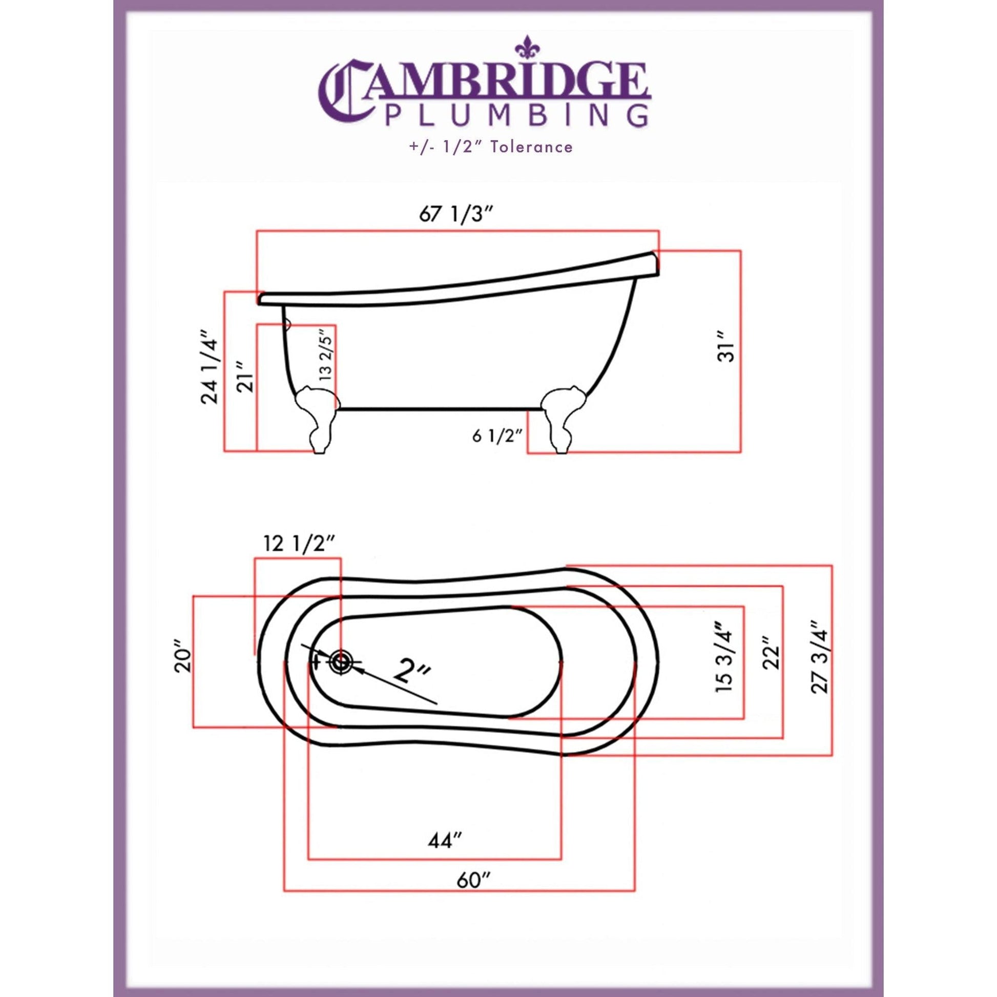 Cambridge Plumbing 67" White Acrylic Single Slipper Clawfoot Bathtub With No Faucet Holes With Brushed Nickel Clawfeet