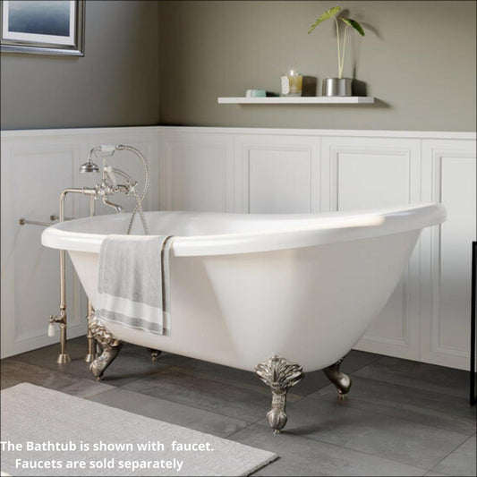 Cambridge Plumbing 67" White Acrylic Single Slipper Clawfoot Bathtub With No Faucet Holes With Brushed Nickel Clawfeet