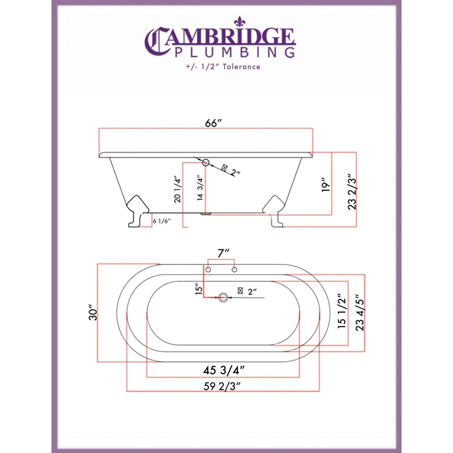 Cambridge Plumbing 67" White Cast Iron Double Ended Bathtub With Deck Holes With Brushed Nickel Feet