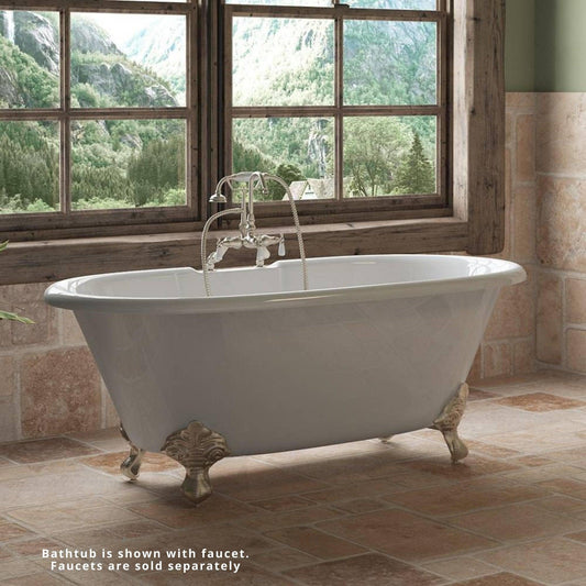 Cambridge Plumbing 67" White Cast Iron Double Ended Bathtub With Deck Holes With Brushed Nickel Feet