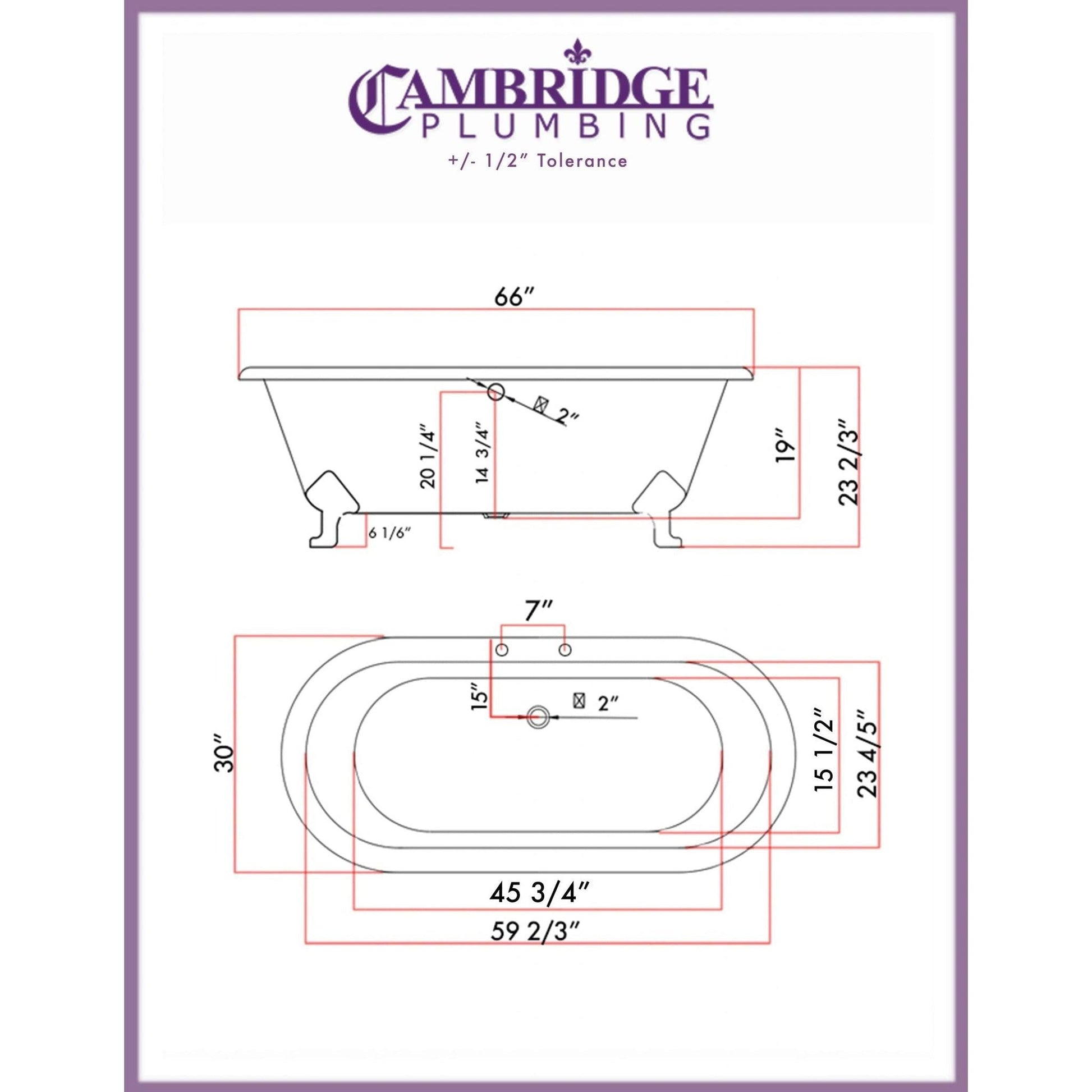 Cambridge Plumbing 67" White Cast Iron Double Ended Bathtub With Deck Holes With Oil Rubbed Bronze Feet