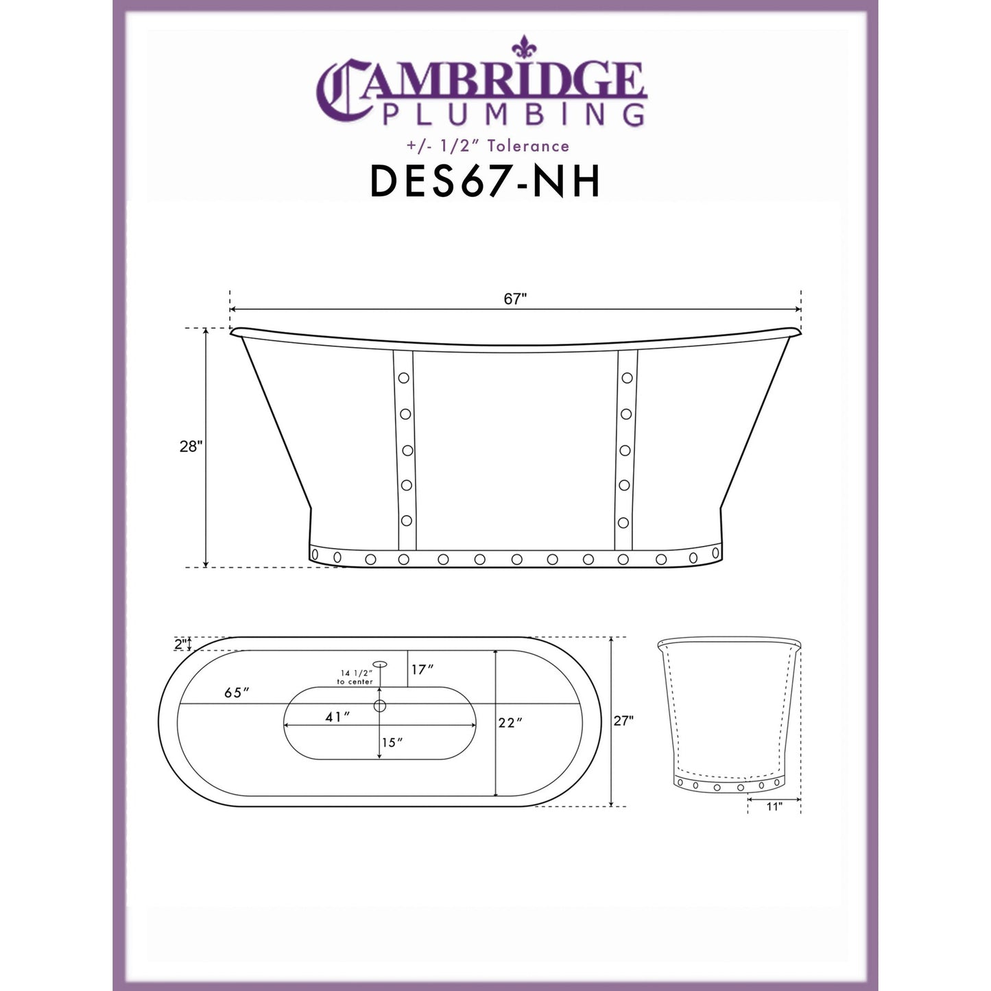 Cambridge Plumbing 67" White Cast Iron Riveted Double Slipper Pedestal Bathtub With No Deck Holes