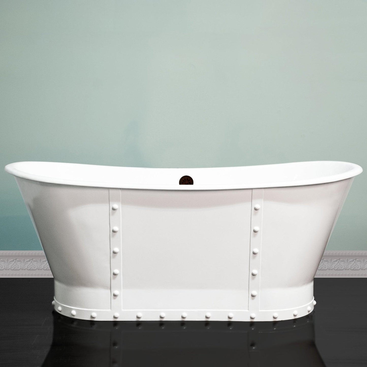 Cambridge Plumbing 67" White Cast Iron Riveted Double Slipper Pedestal Bathtub With No Deck Holes
