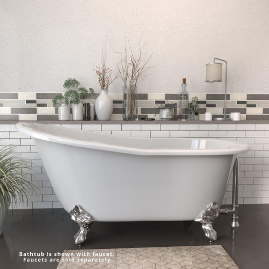 Cambridge Plumbing 67" White Cast Iron Single Slipper Clawfoot Bathtub With No Faucet Holes With Brushed Nickel Feet