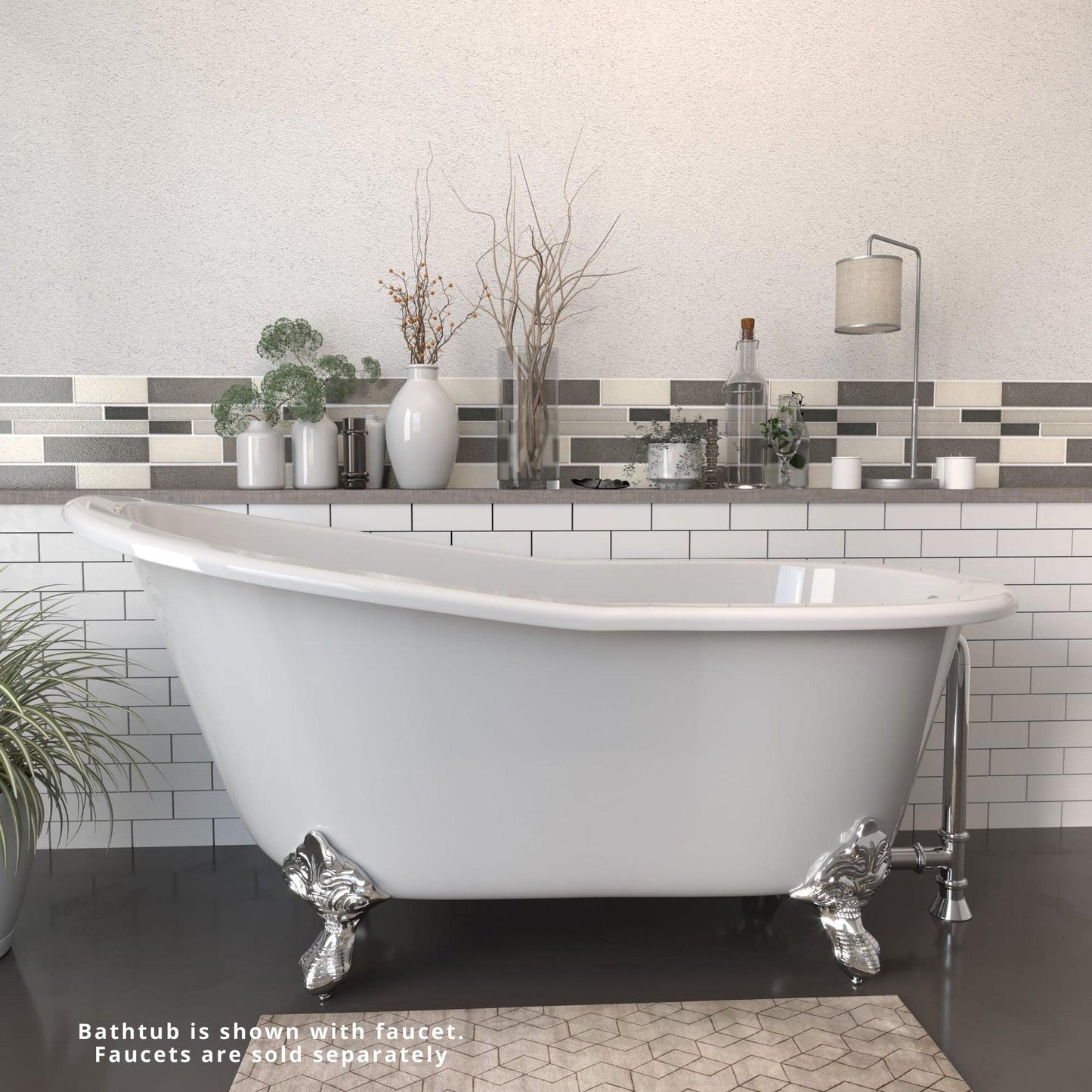 Cambridge Plumbing 67" White Cast Iron Single Slipper Clawfoot Bathtub With No Faucet Holes With Polished Chrome Feet