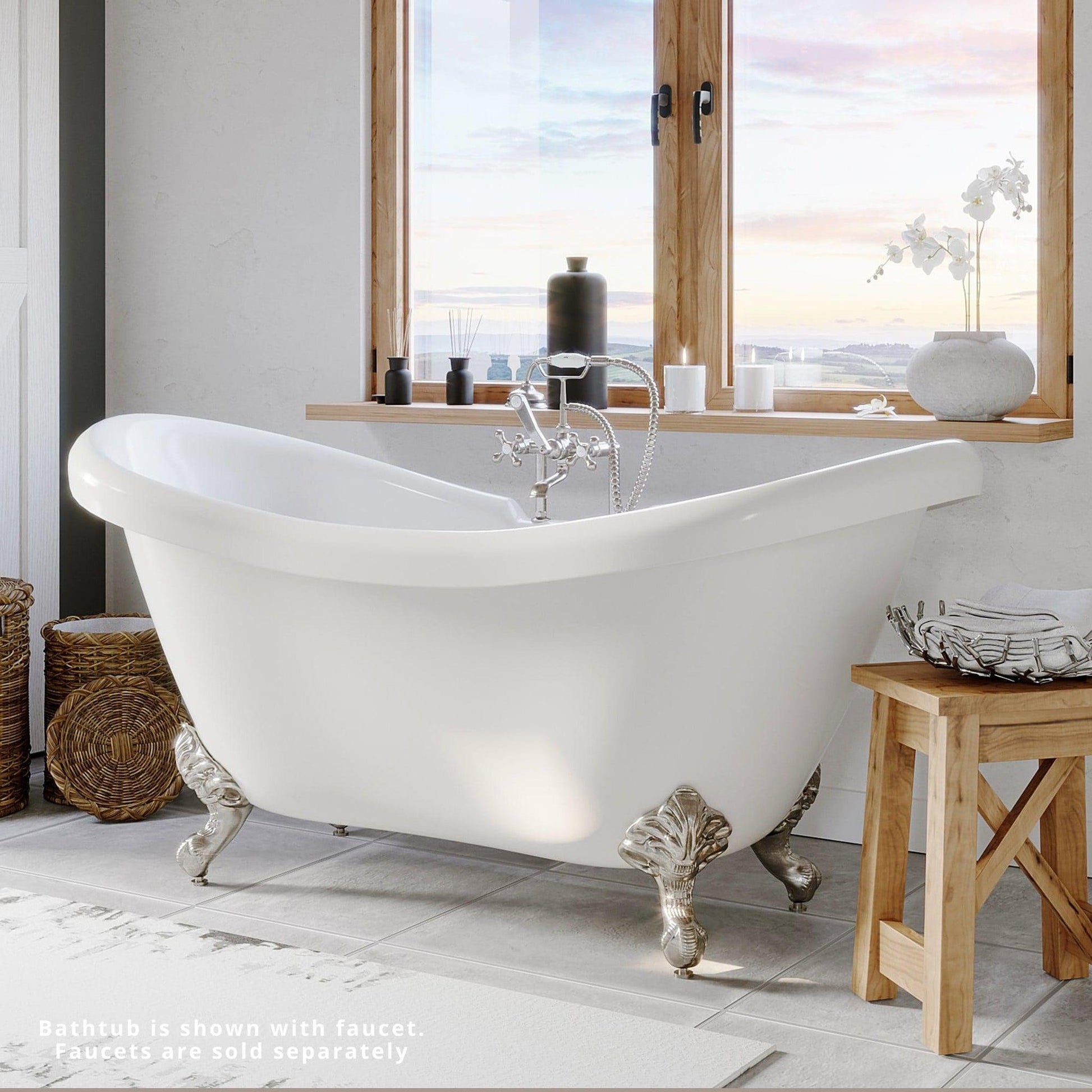 Cambridge Plumbing 69" White Acrylic Double Slipper Clawfoot Bathtub With Deck Holes With Brushed Nickel Feet