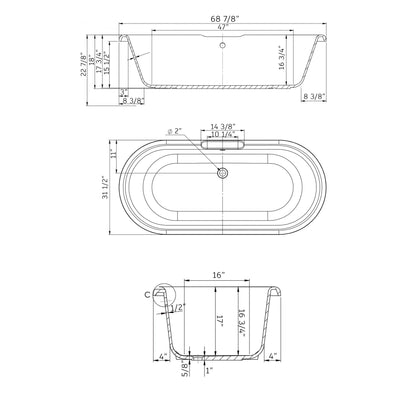 Cambridge Plumbing 69" White Dolomite Mineral Composite Double Ended Bathtub With No Faucet Holes And Antique Brass Lion Paw Feet