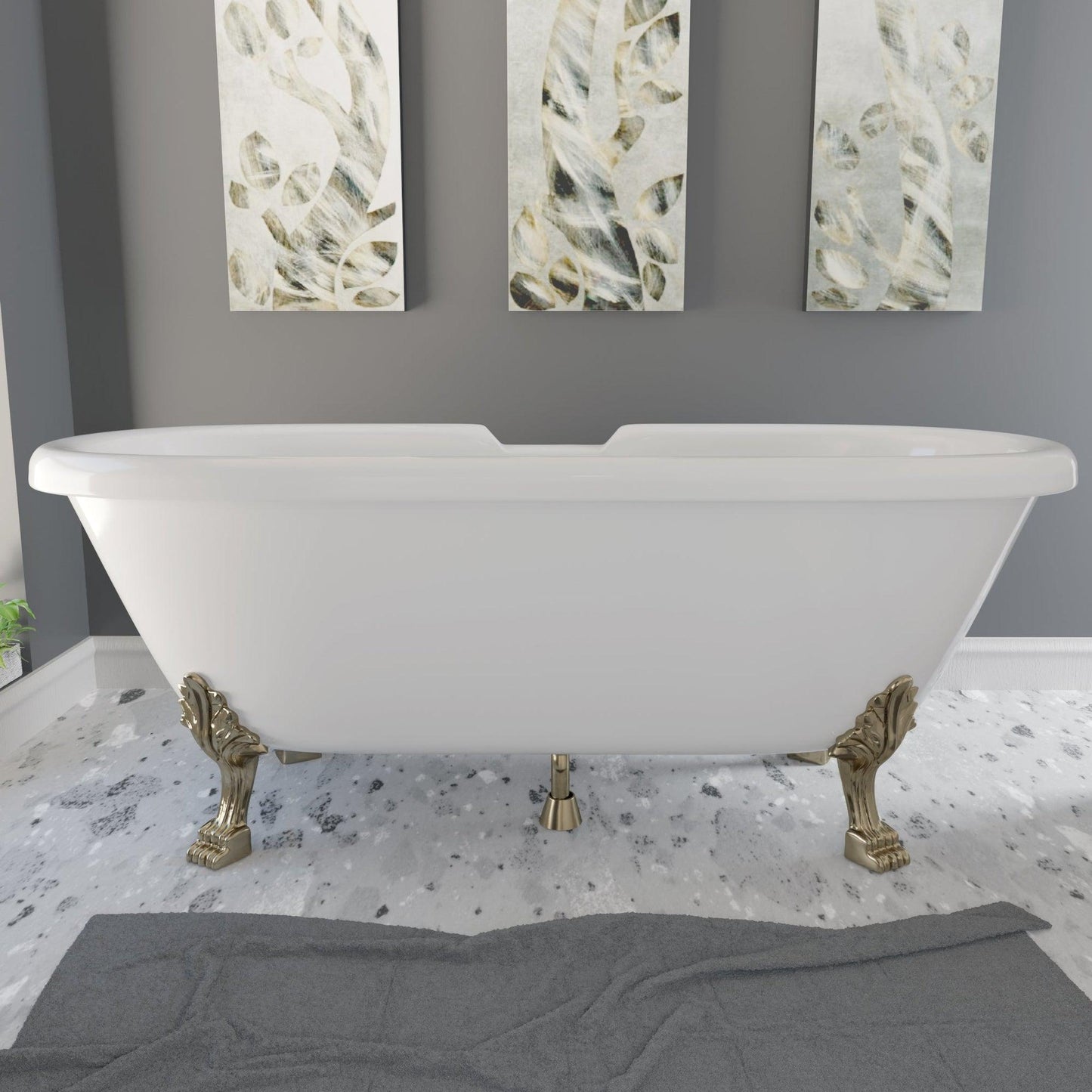 Cambridge Plumbing 69" White Dolomite Mineral Composite Double Ended Bathtub With No Faucet Holes And Antique Brass Lion Paw Feet