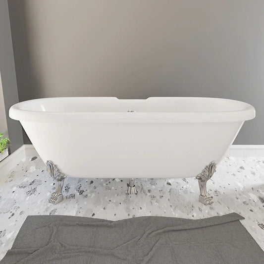 Cambridge Plumbing 69" White Dolomite Mineral Composite Double Ended Bathtub With No Faucet Holes And Brushed Nickel Lion Paw Feet