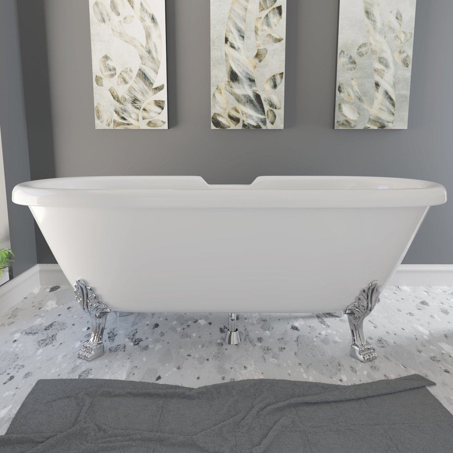 Cambridge Plumbing 69" White Dolomite Mineral Composite Double Ended Bathtub With No Faucet Holes And Polished Chrome Lion Paw Feet