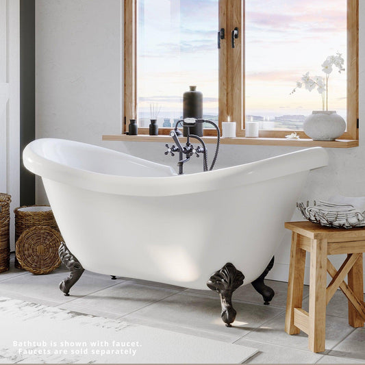 Cambridge Plumbing 69" White Double Slipper Clawfoot Acrylic Bathtub With Deck Holes With Oil Rubbed Bronze Feet