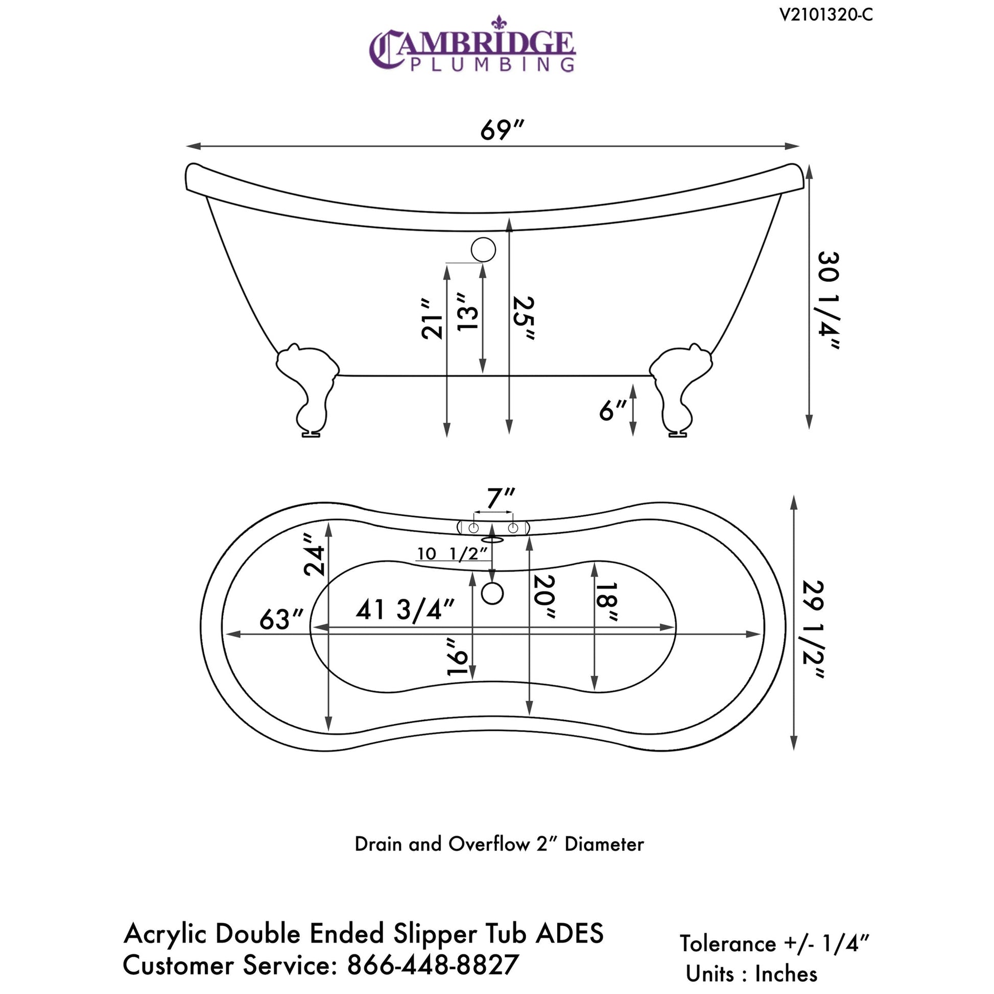 Cambridge Plumbing 69" White Double Slipper Clawfoot Acrylic Bathtub With Deck Holes With Polished Chrome Feet