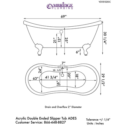 Cambridge Plumbing 69" White Double Slipper Clawfoot Acrylic Bathtub With Deck Holes With Polished Chrome Feet