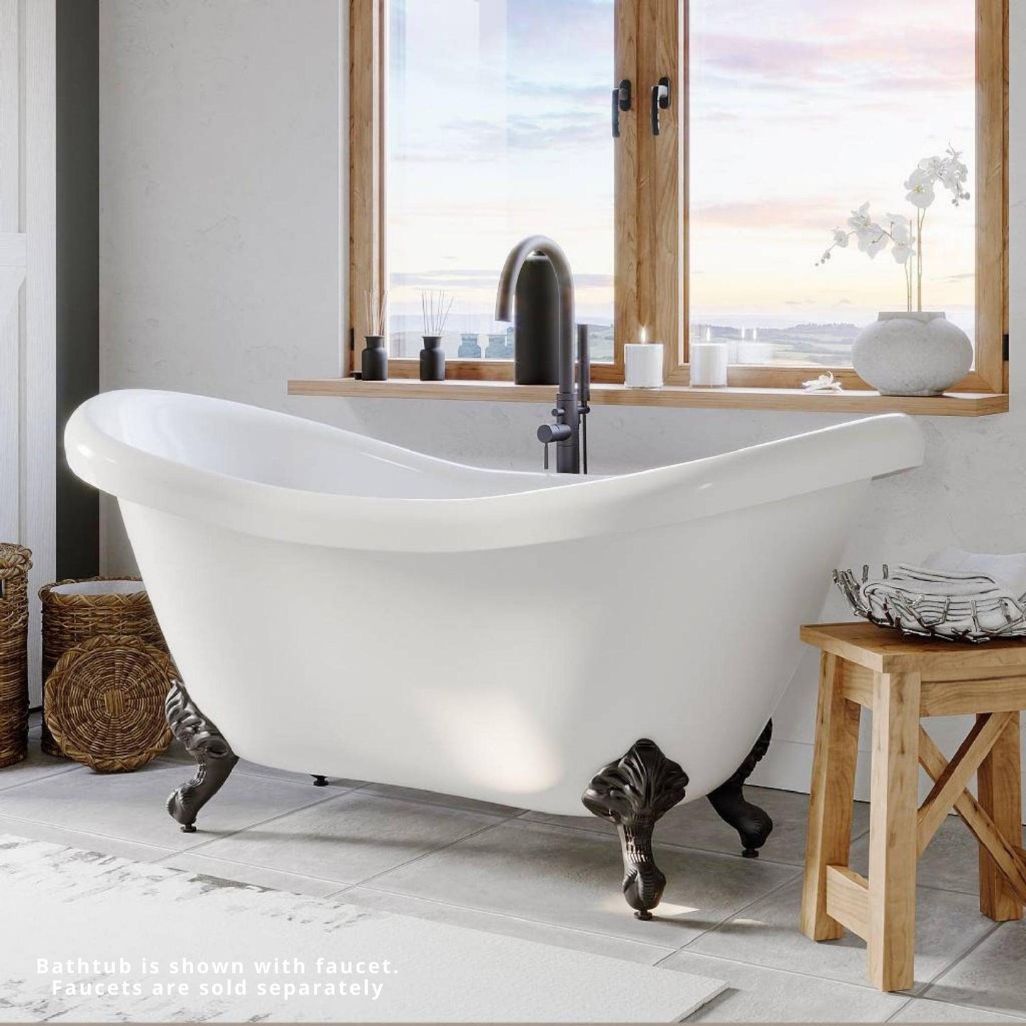 Cambridge Plumbing 69" White Double Slipper Clawfoot Acrylic Bathtub With No Deck Holes Having Oil Rubbed Bronze Feet