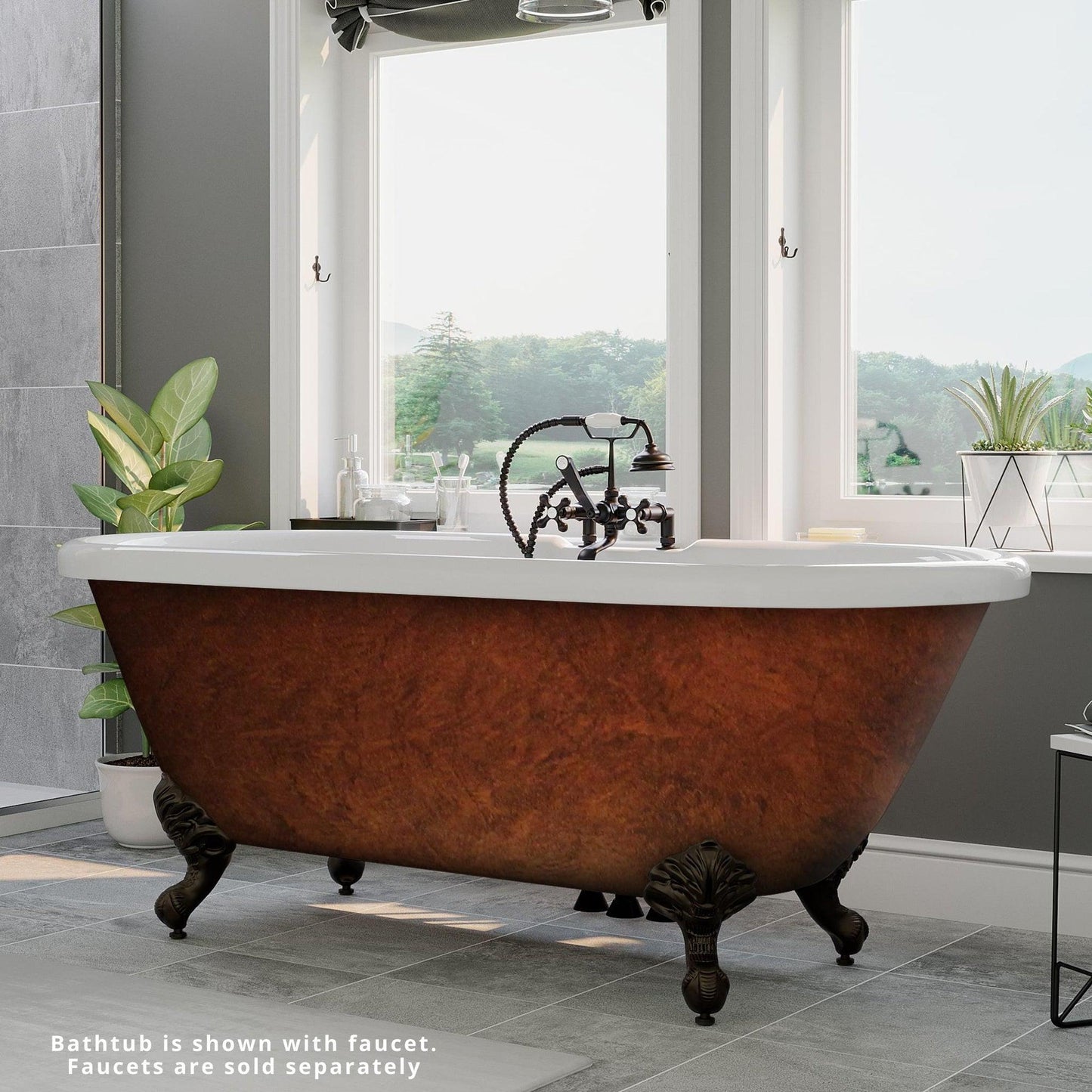 Cambridge Plumbing 70" Hand Painted Copper Bronze Acrylic Double Ended Clawfoot Bathtub With Deck Holes With Oil Rubbed Bronze Feet