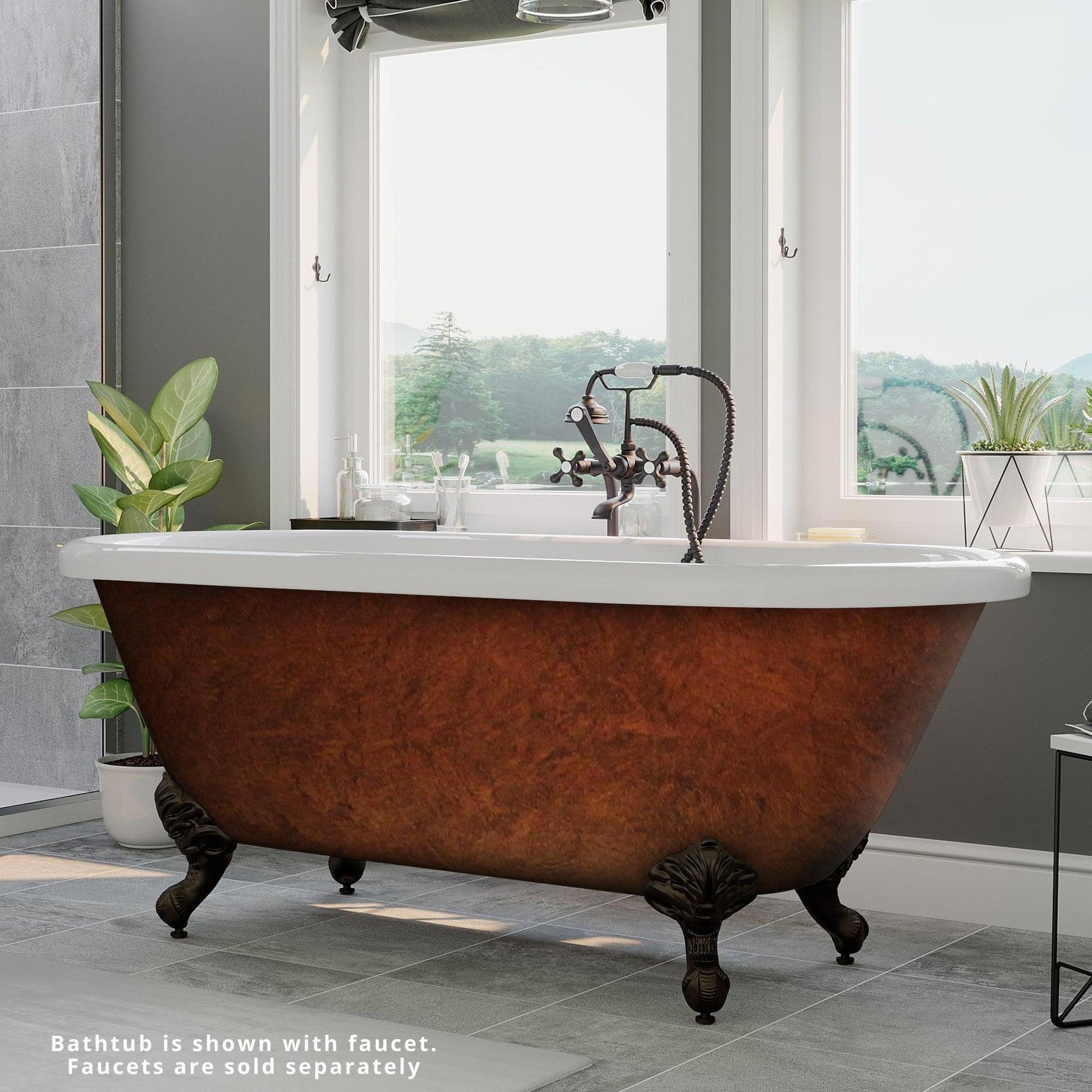 Cambridge Plumbing 70" Hand Painted Copper Bronze Acrylic Double Ended Clawfoot Bathtub With No Faucet Holes With Oil Rubbed Bronze Feet