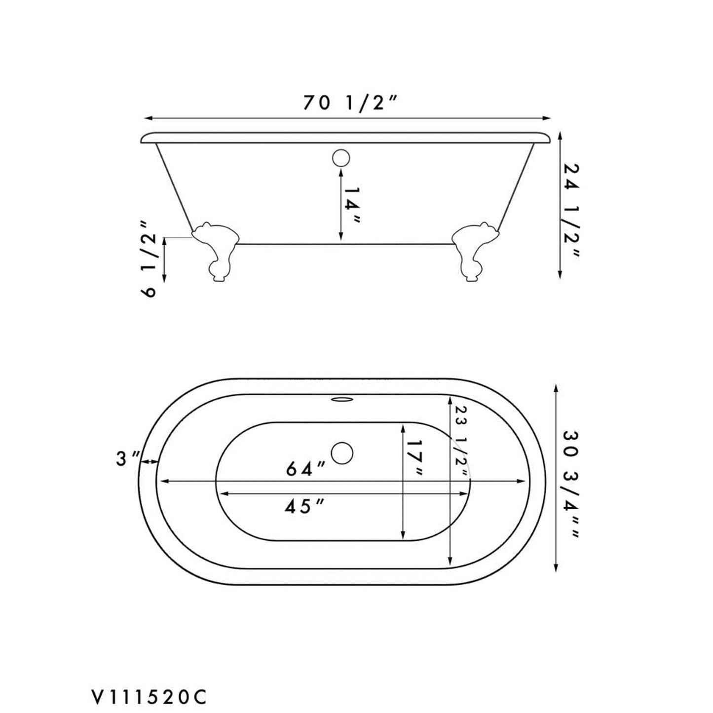 Cambridge Plumbing 70" White Acrylic Double Ended Clawfoot Bathtub With No Deck Holes With Polished Chrome Clawfeet