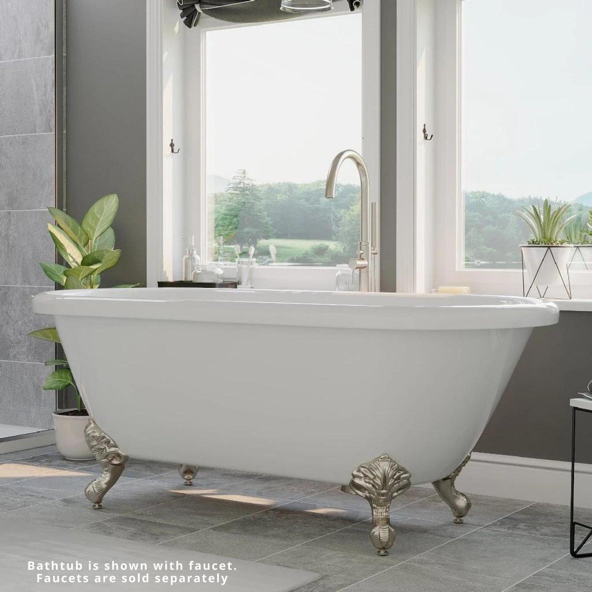 Cambridge Plumbing 70" White Acrylic Double Ended Clawfoot Bathtub With No Faucet Holes With Brushed Nickel Feet