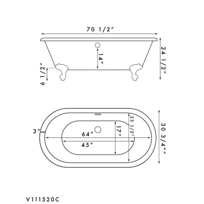 Cambridge Plumbing 70" White Acrylic Double Ended Clawfoot Bathtub With No Faucet Holes With Oil Rubbed Bronze Feet