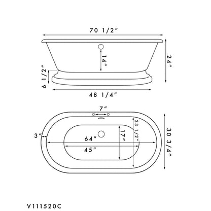 Cambridge Plumbing 70" White Acrylic Double Ended Pedestal Bathtub With Deck Holes