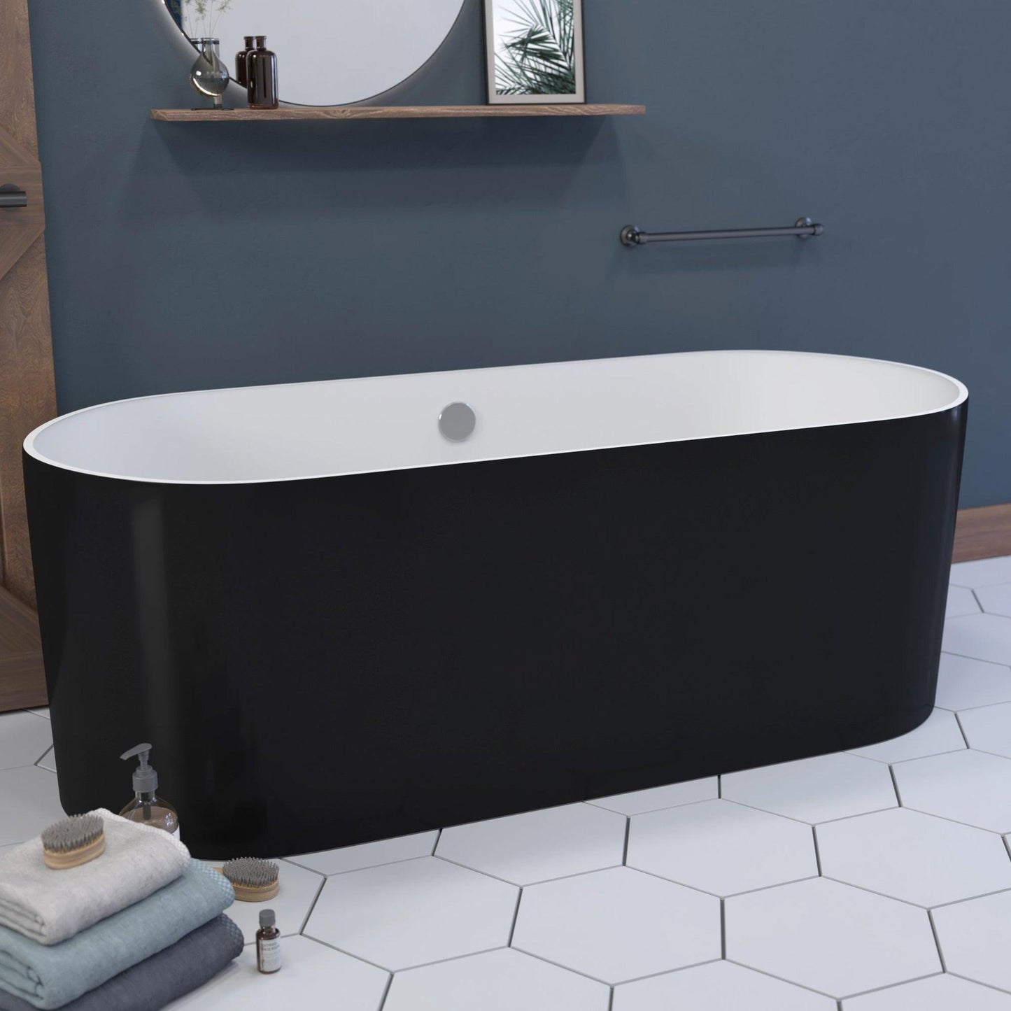 Cambridge Plumbing 71" Black Mineral Composite Double Ended Pedestal Bathtub With No Faucet Holes With Polished Chrome Drain And Overflow Assembly