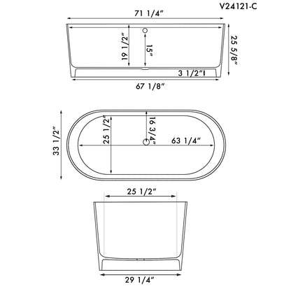 Cambridge Plumbing 71" Matte White Mineral Composite Double Ended Pedestal Bathtub With No Faucet Holes With Polished Chrome Drain And Overflow Assembly