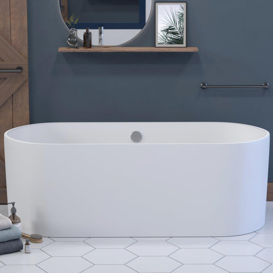 Cambridge Plumbing 71" Matte White Mineral Composite Double Ended Pedestal Bathtub With No Faucet Holes With Polished Chrome Drain And Overflow Assembly