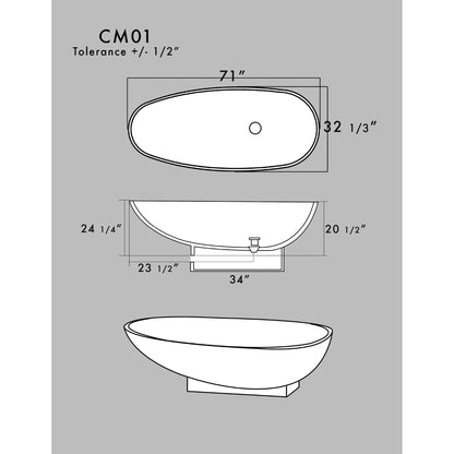 Cambridge Plumbing 71" White Cultured Marble Double Ended Pedestal Bathtub With No Faucet Holes