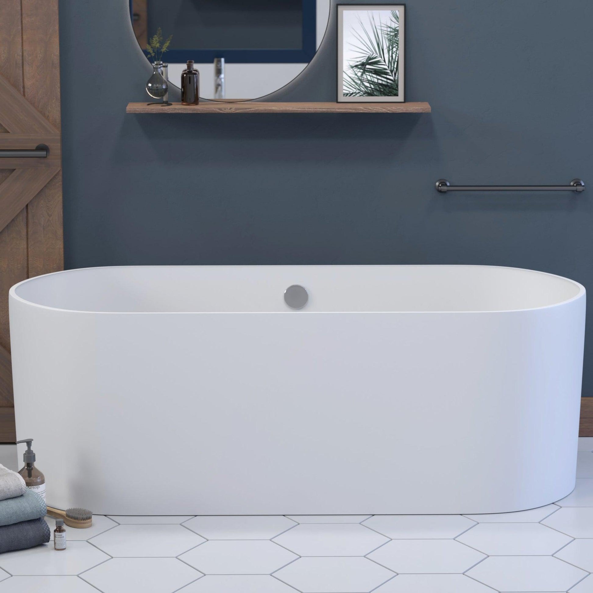 Cambridge Plumbing 71" White Mineral Composite Double Ended Pedestal Bathtub With No Faucet Holes With Polished Chrome Drain And Overflow Assembly