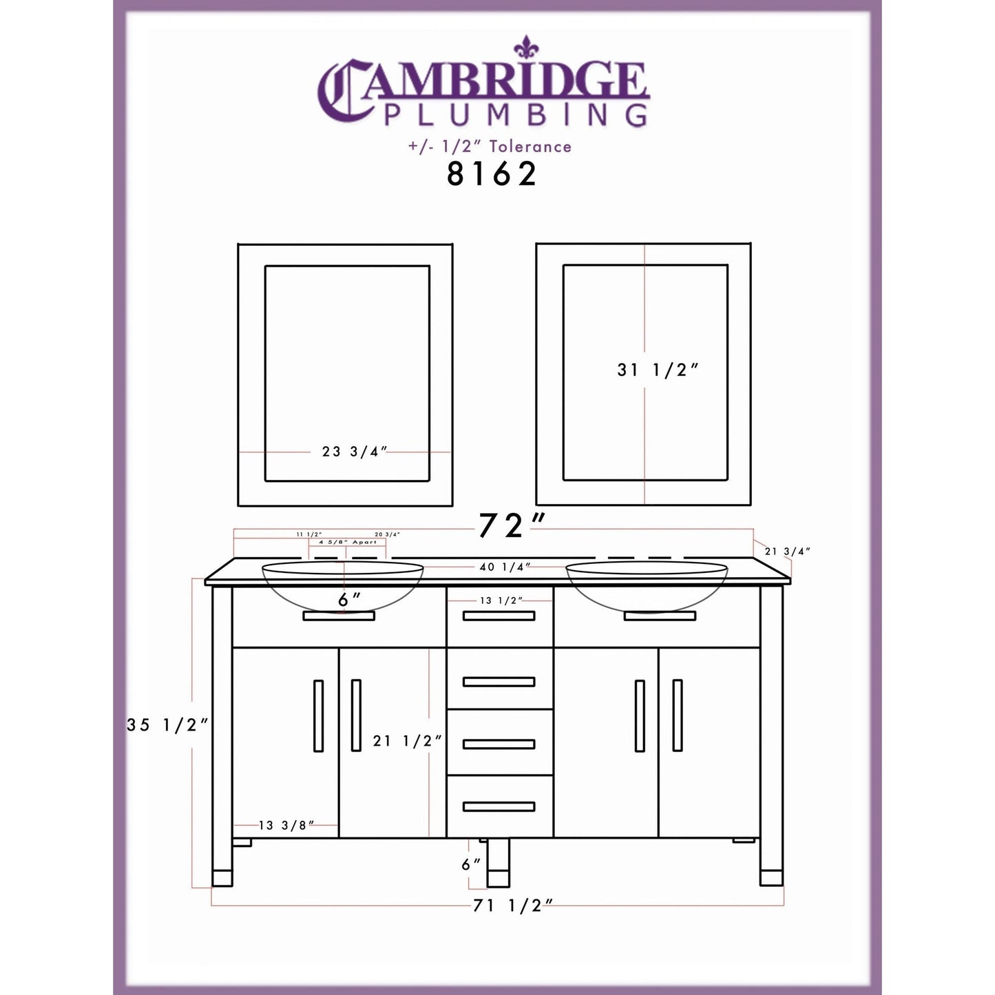 Cambridge Plumbing 72" Black Espresso Wood And Porcelain Vessel Sink Vanity Set Faucets, Supply Lines, Drains & Mirror With Polished Chrome Plumbing Finish