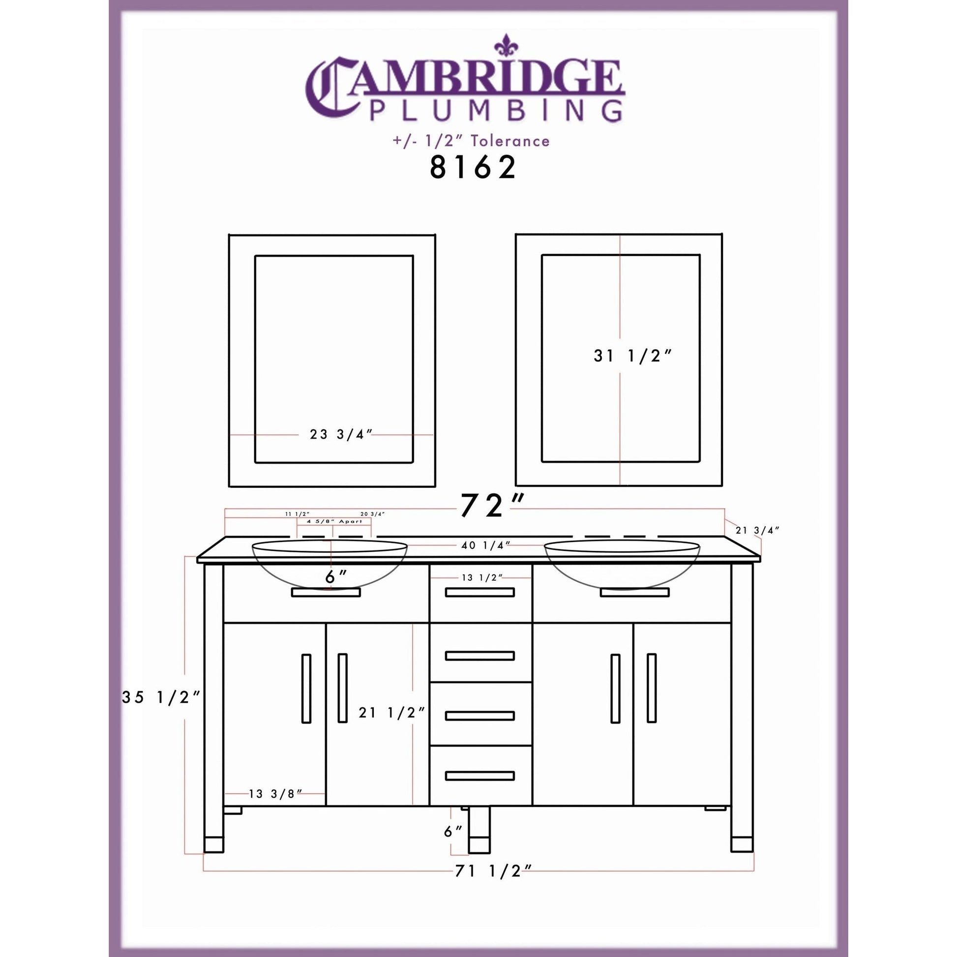 Cambridge Plumbing 72" Black Espresso Wood And Porcelain Vessel Sink Vanity Set Faucets, Supply Lines, Drains & Mirror With Polished Chrome Plumbing Finish